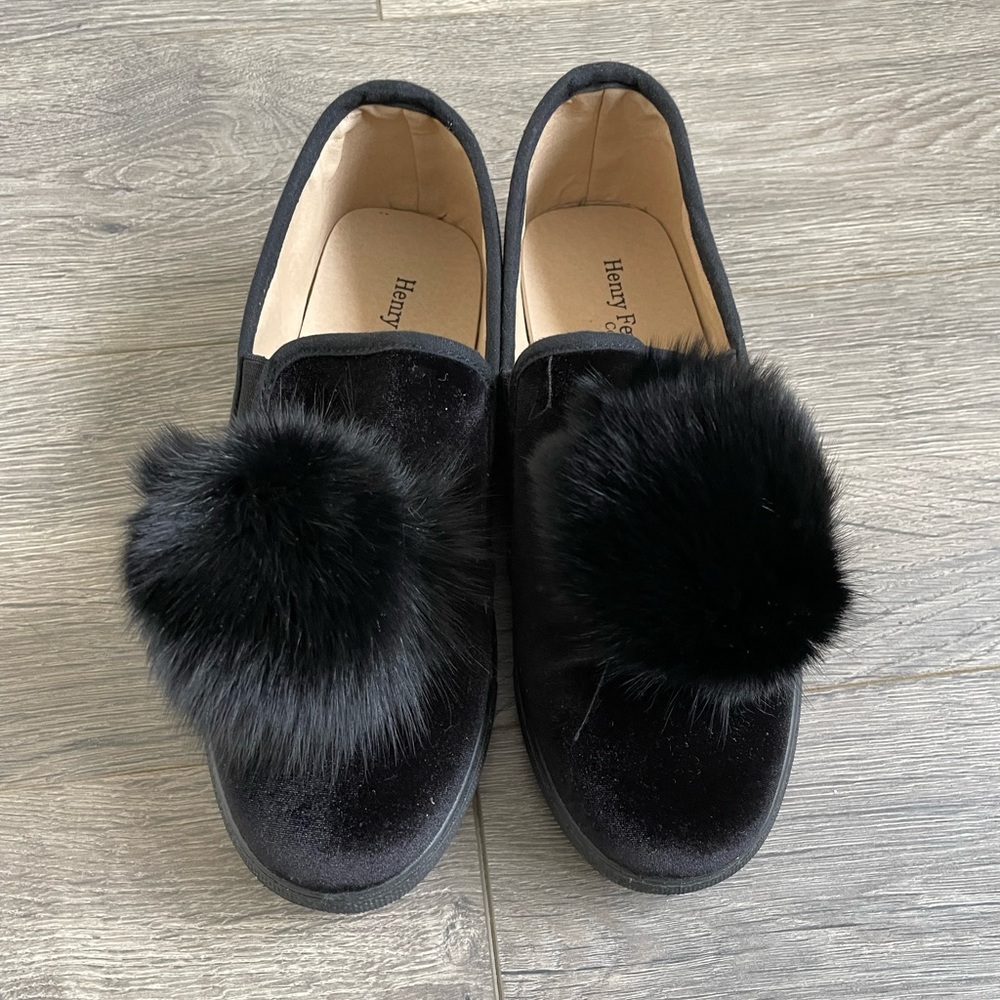 Henry Ferrera Black Suede Sneaker Style Shoes with Black Pompom, Size 7
